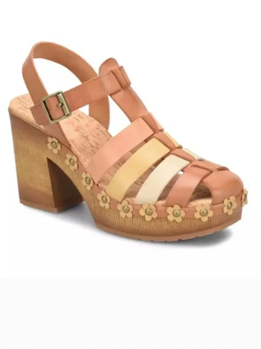 Korks Willow Floral Decal Buckle Platform Block Heel Sandals Tan Cream Size 10 - Picture 7 of 7